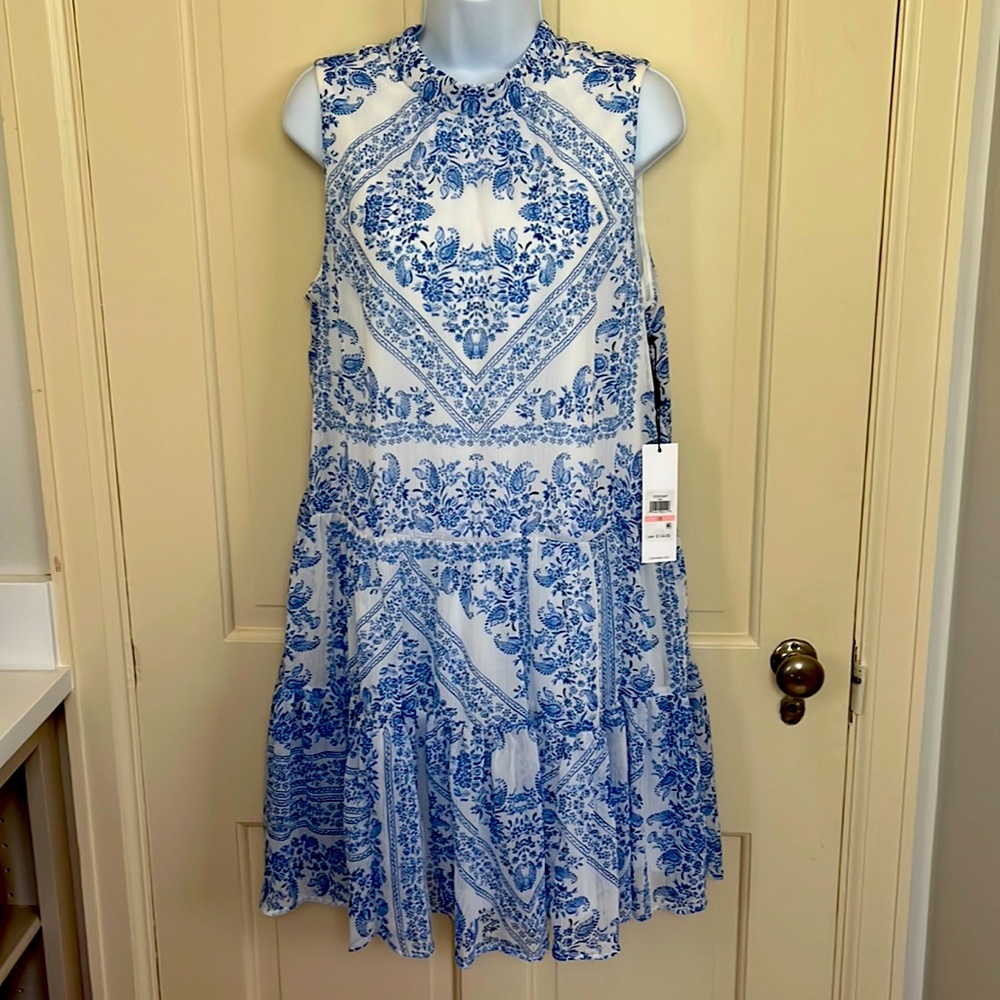 Calvin Klein White & Blue Polyester Chiffon Flounce Dress, Size 10, NWT